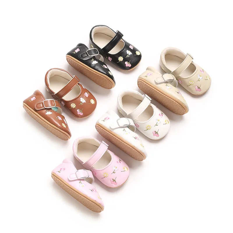 Neugeborene Baby Mädchen Prinzessin Schuhe Blumenstickerei PU Leder Mary Jane Flats Rutschfeste Weiche Sohle Lauflernschuhe E-166