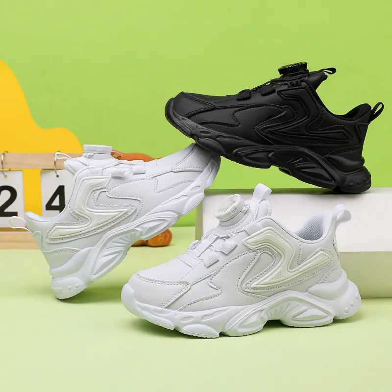 Baskets Blanches pour Enfants Bouton Rotatif Respirant Sport Scolaire Chaussures de Course Garçons Filles Décontracté