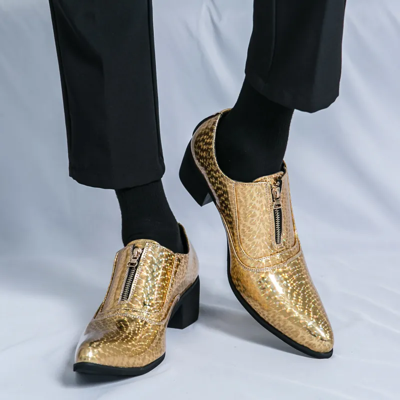 Men British Style Casual Leather Shoes Pointed Toe Front Zipper Block Heel Metallic Leopard Texture Fashion Party Stage Shoes