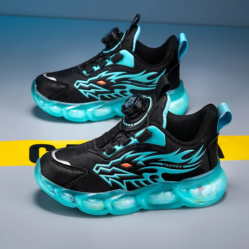 Baskets pour Garçons Fermeture à Bouton Rotatif Surface en Cuir Chaussures de Course Motif Dragon de Flamme Antidérapantes Enfants
