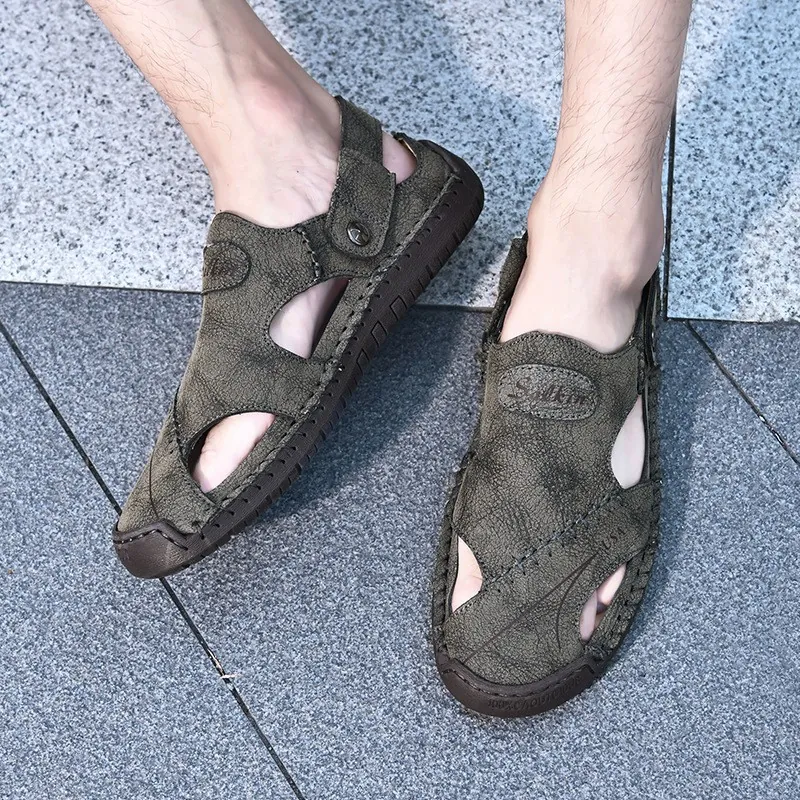 Summer Men Outdoor Casual Dual Use Sandals Breathable Hollow Out PU Leather Beach Shoes Non Slip Rubber Sole Sandals For Men