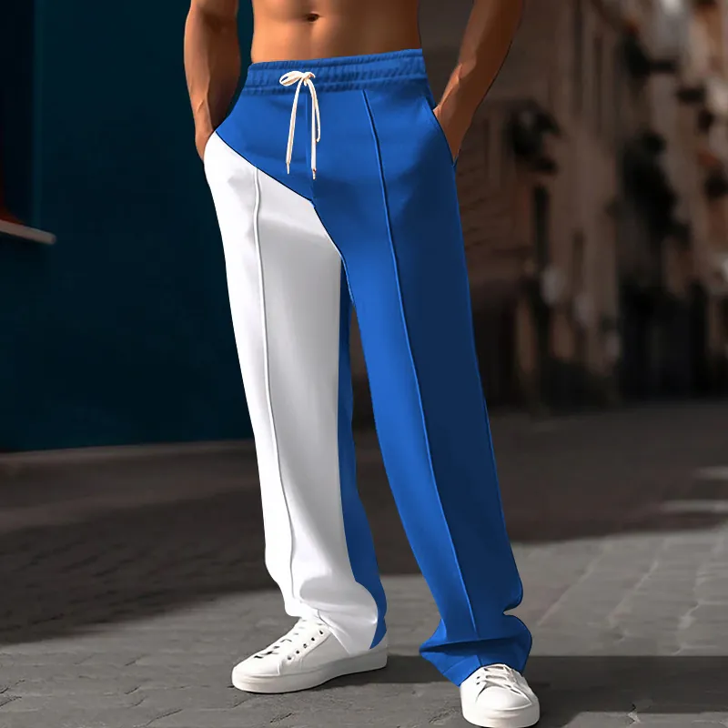 Men Casual Polyester Color Block Straight Leg Pants Loose Fit Oversize Drawstring Waist Streetwear Daily Trousers For Spring Summer