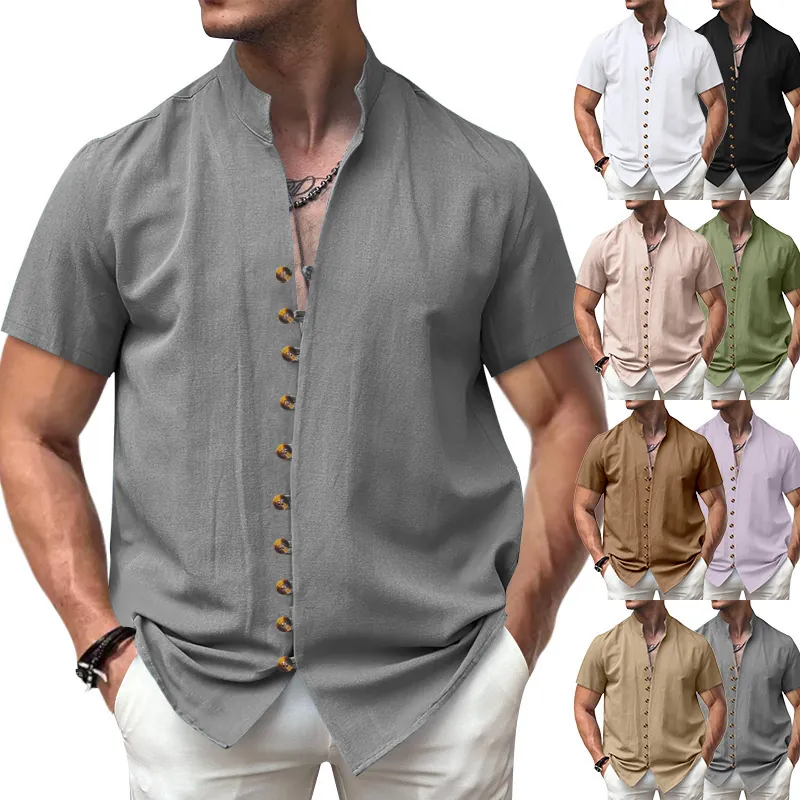 Men Retro Linen Short Sleeve Shirt Casual Stand Collar Multi Button Solid Color Loose Pullover Summer Beach Top Apparel