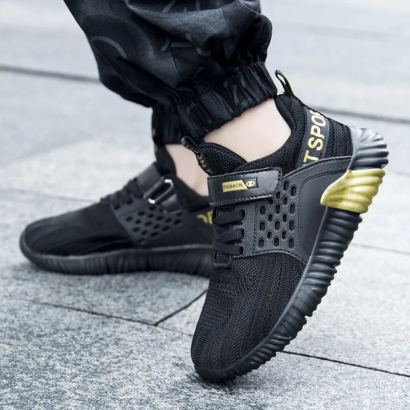 Boys Breathable Mesh Sneakers Kids Lightweight Non-Slip Running Shoes For School Spring Autumn Sport Footwear Gold Black White