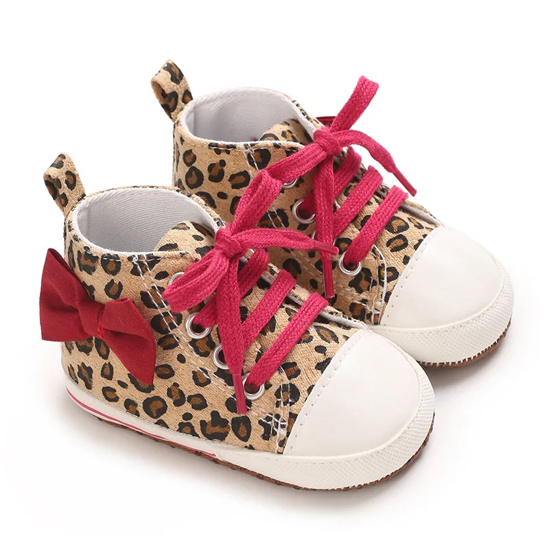 Baby Leopardenmuster Schleife Weiche Sohle Sneaker Für 0-1 Jahr Alte Kleinkind Mädchen Lässige Herbst Frühling Schnürschuhe Lauflernschuhe