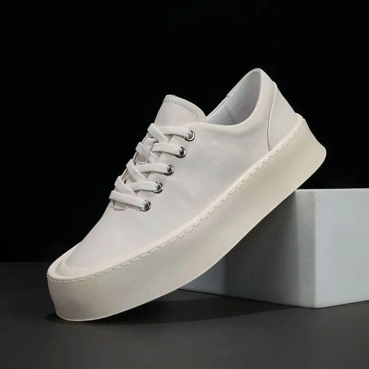Baskets à Plateforme en Cuir Véritable pour Hommes Chaussures Blanches Décontractées en Cuir de Vachette Respirantes Semelle Épaisse