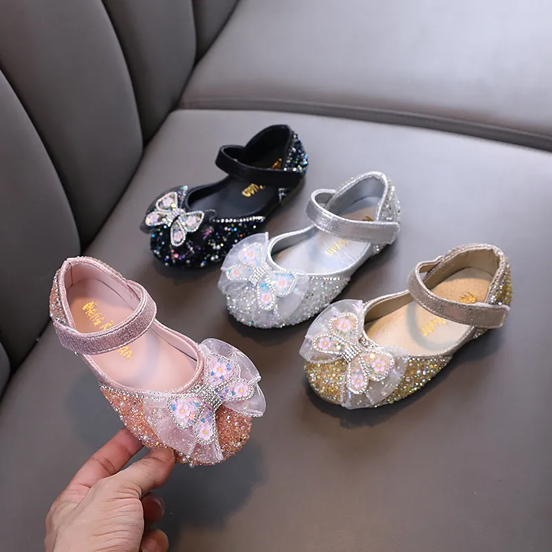 Mädchen Prinzessin Mary Jane Schuhe Strass Künstliche Perle Schleife Tanz Performance Glitzernde PU Leder Flache Schuhe