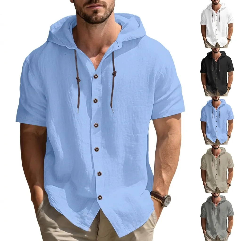 Camiseta de Manga Corta con Capucha de Mezcla de Lino Casual para Hombre Corte Holgado con Botones Top de Playa de Verano Camisa de Moda Transpirable para Hombre