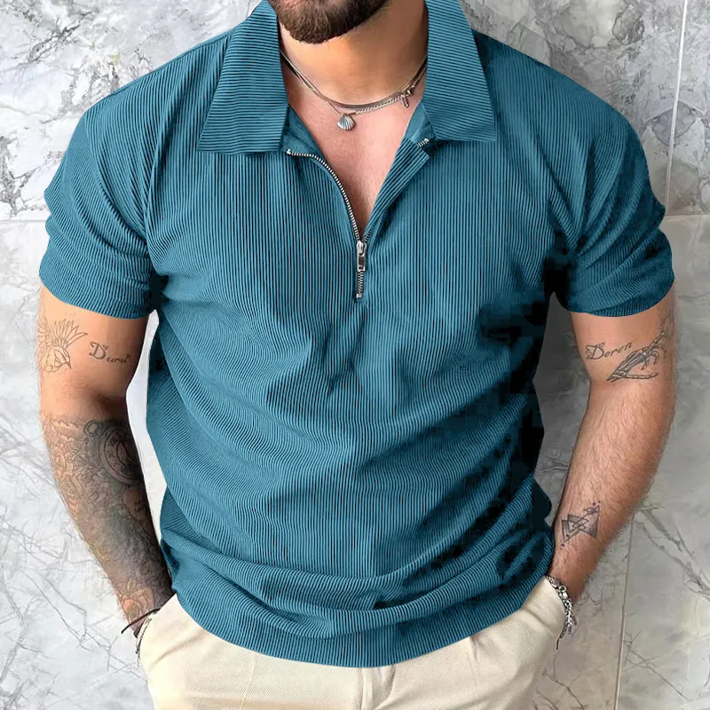 Men's Casual Short Sleeve Ribbed Polo Shirt Quarter Zip Solid Color Regular Fit Cotton Top Fashion Summer Apparel