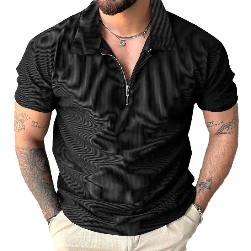 Polo da Uomo Casual in Cotone Texture a Costine Top a Maniche Corte Moda Scollo con Cerniera Estate Tinta Unita Slim Fit Polo Top