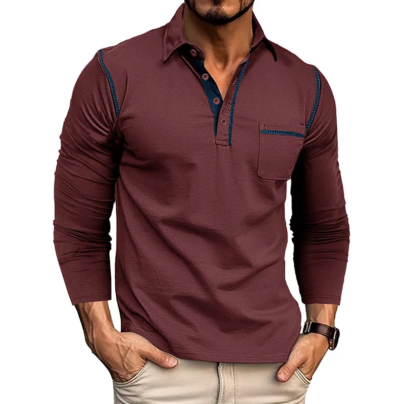 Men Business Casual Cotton Blend Polo Shirt Long Sleeve Turn-down Collar Contrast Stitching Chest Pocket Top For Daily