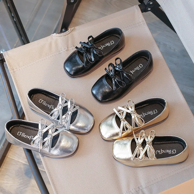 Girls Mary Jane Shoes Bow Knot PU Leather Dress Shoes Square Toe Flat Loafers For Toddler Little Kids Party Performance