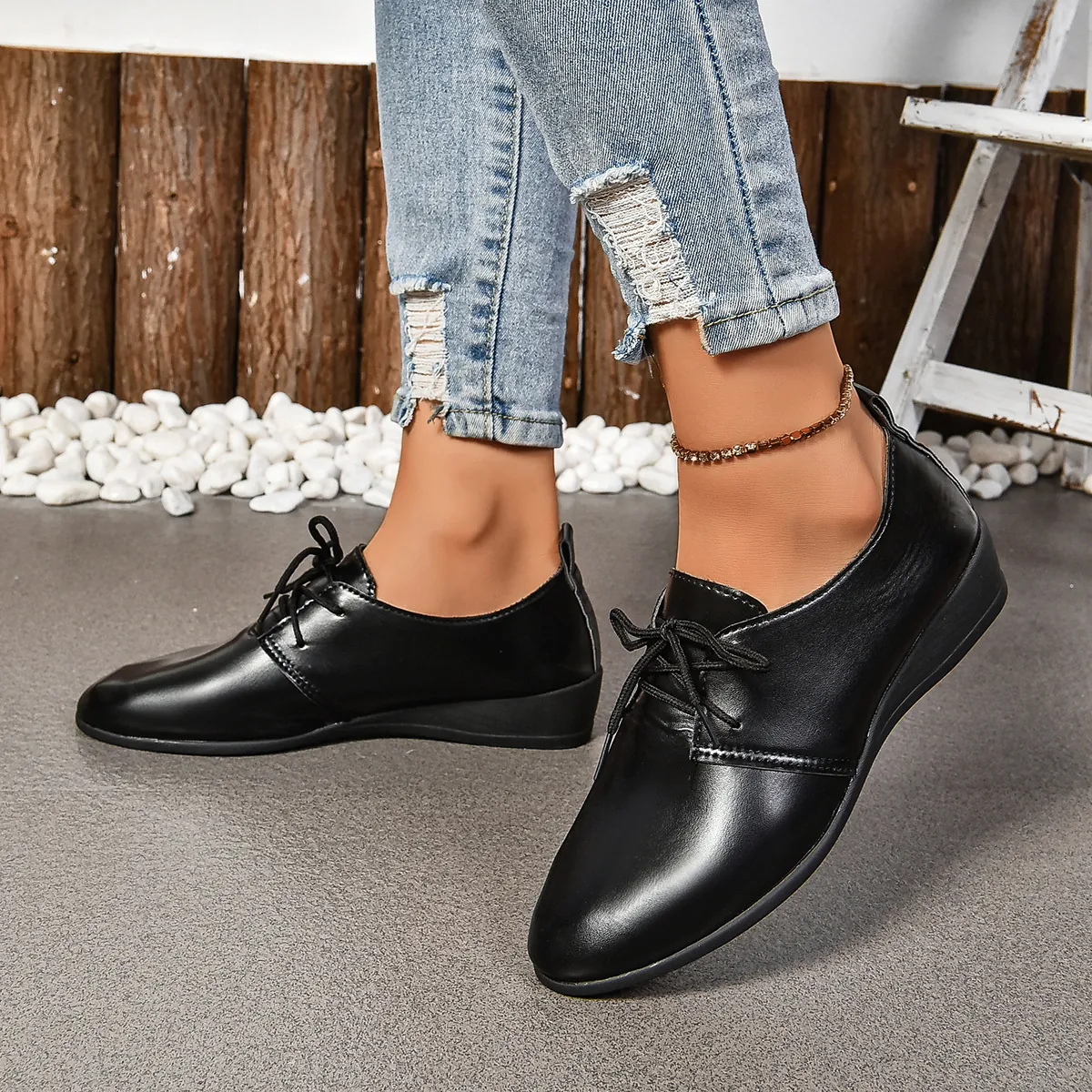 Γυναικεία Casual Flat Παπούτσια με Μυτερή Μύτη από PU Δέρμα με Κορδόνια Oxford για Φοιτητές Μόδα Κορεατικού Στυλ