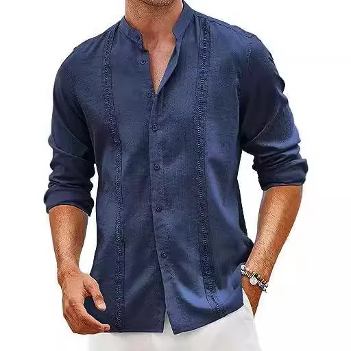 Men Casual Cotton Linen Blend Shirt Mandarin Collar Button Down Long Sleeve Top Loose Solid Color Urban Fashion Shirt