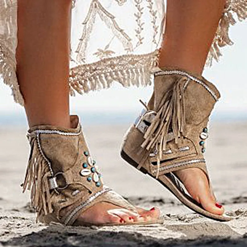 Sandalias de Dedo Planas Bohemias para Mujer con Borlas Flecos Abalorios Estilo Romano Playa Verano Casual Cómodas