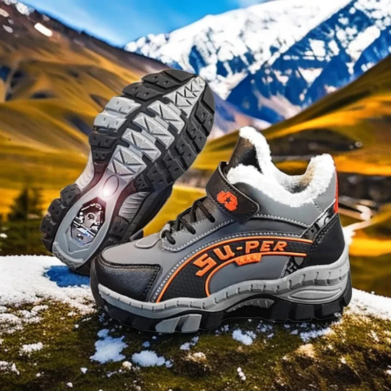 Kids Winter Hiking Shoes Boys Girls Warm Padded Outdoor Sneakers Pigskin Leather Anti-Slip Rubber Sole Fleece Lined Boots
