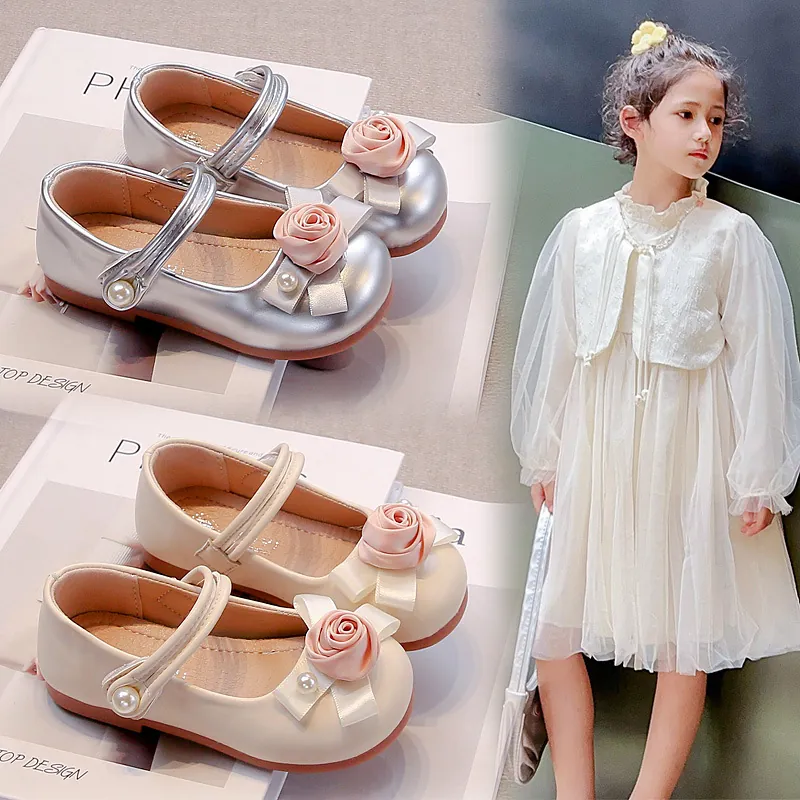 Mädchen Mary Jane Prinzessin Schuhe PU Leder Weiche Sohle Blumen Künstliche Perle Süßer Stil Flache Einzelschuhe