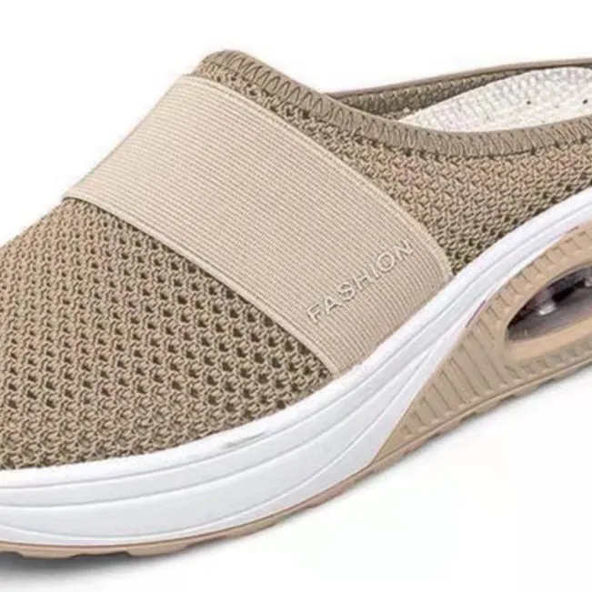 Women Mesh Breathable Air Cushion Half Slippers Mules Thick Sole Slip-on Sneakers Summer Casual Lightweight Outdoor Sports Shoes