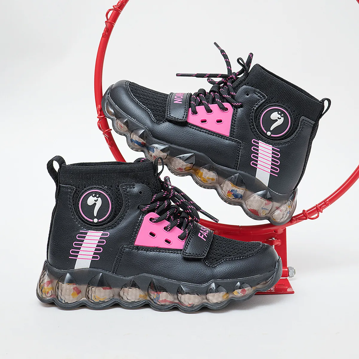 Zapatillas de Malla Transpirable de Caña Alta para Niñas Negro Rosa Zapatos Deportivos Casuales Con Suela Amortiguadora