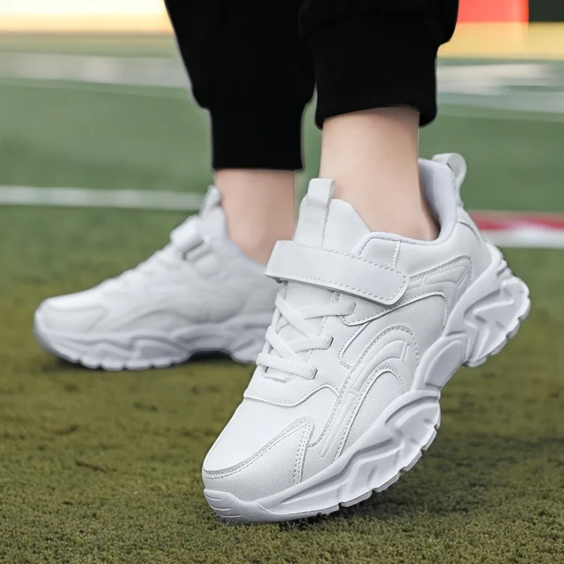 Kids Breathable Mesh Synthetic Leather Sports Shoes For Boys Girls Casual Running School Performance Sneakers White Black