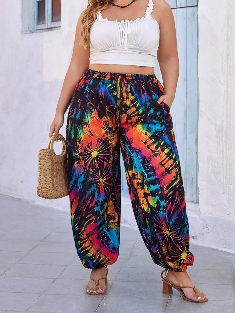 Women Plus Size Casual Tie Dye Print Joggers Loose Lantern Pants Mid Waist Drawstring Cuffed Bottom For Halloween Daily Wear