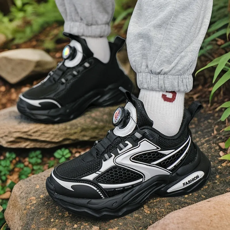 Jungen Mode Sneaker Mit Drehverschluss Kinder Laufschuhe Atmungsaktives Kunstleder Dicke Sohle Dad Schuhe Für Große Kinder