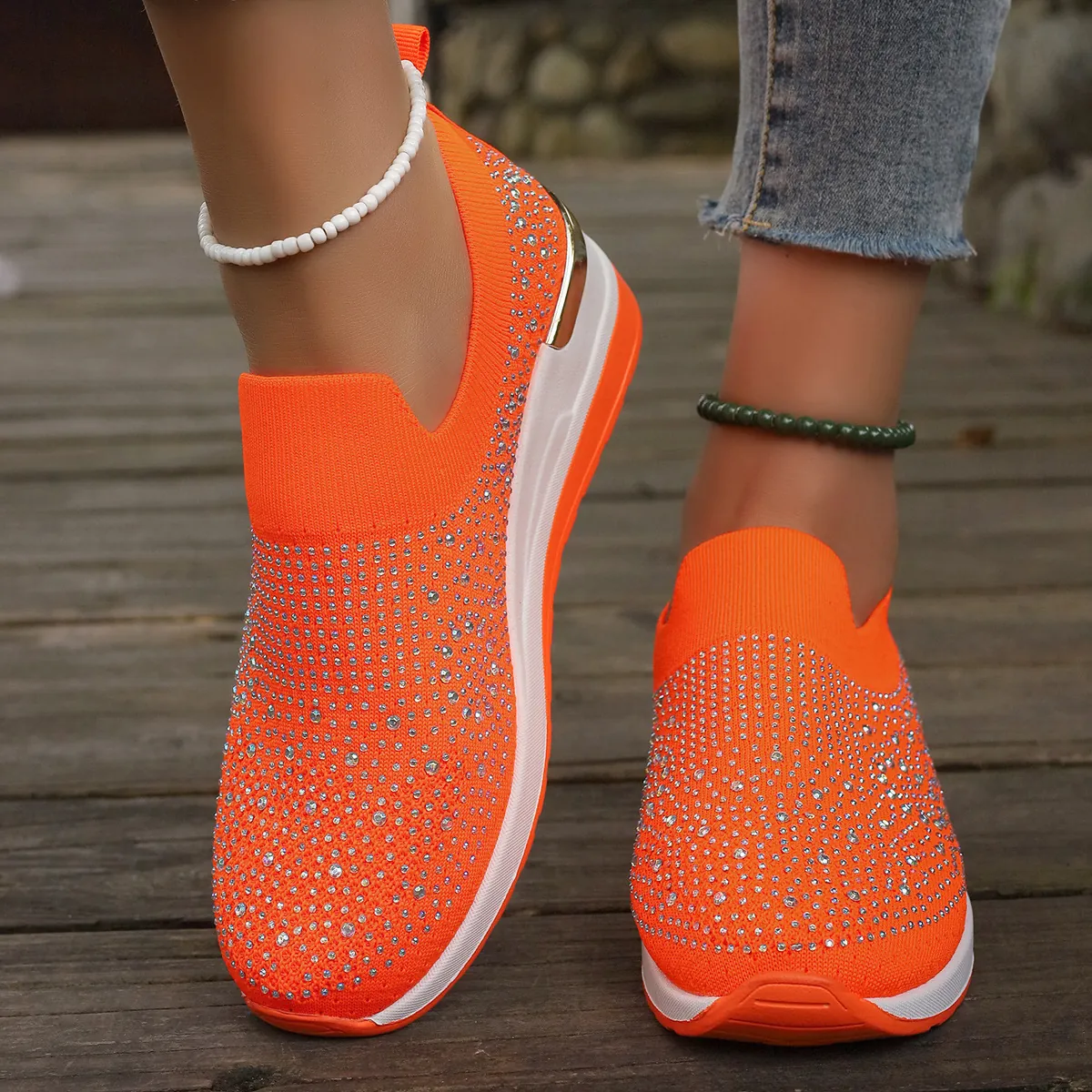 Damen Mode Strass Keilabsatz Freizeitschuhe Slipper Atmungsaktiv Mesh Plateau Sneakers Bequeme Wanderschuhe