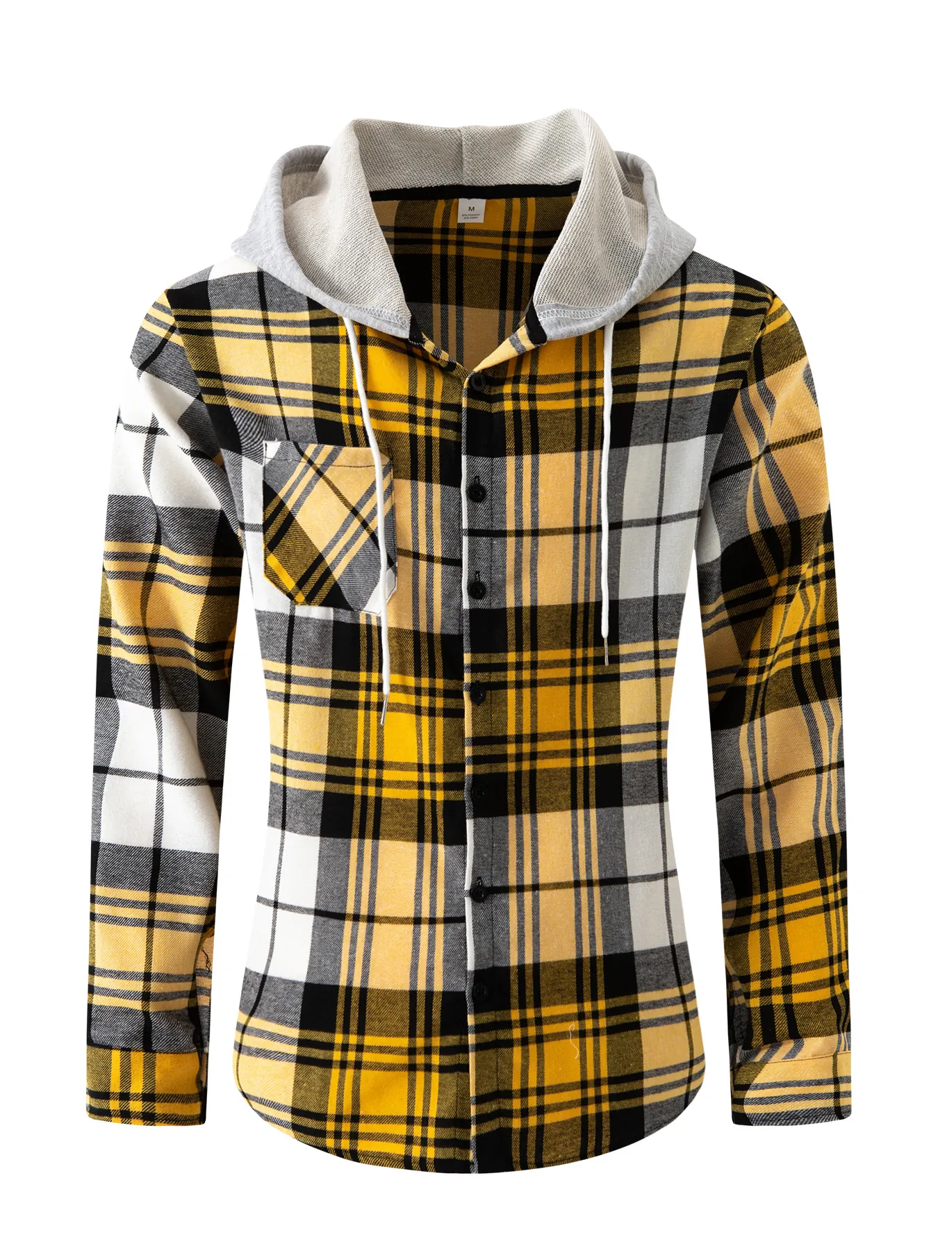 Camisa de Franela a Cuadros con Capucha Casual para Hombre Mezcla de Algodón Manga Larga con Botones Patchwork Camisa Top