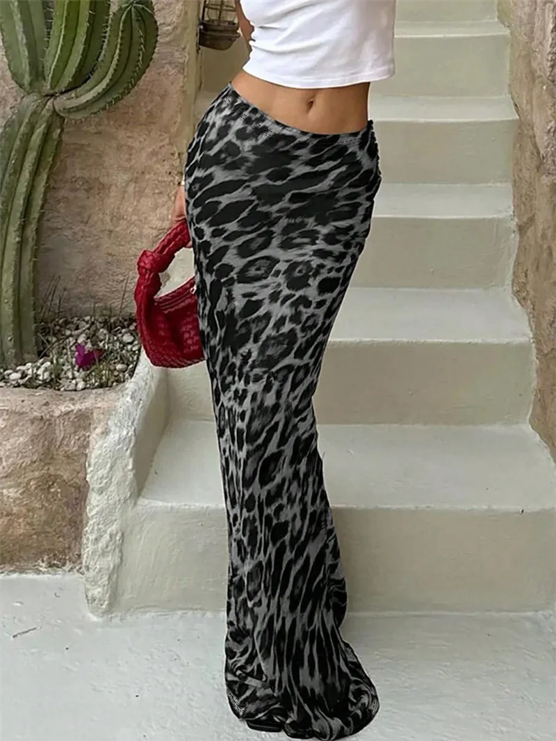 Women Leopard Print Bodycon Maxi Skirt High Waist Floor Length Fishtail Skirt Elegant Polyester Streetwear Casual Long Bottoms