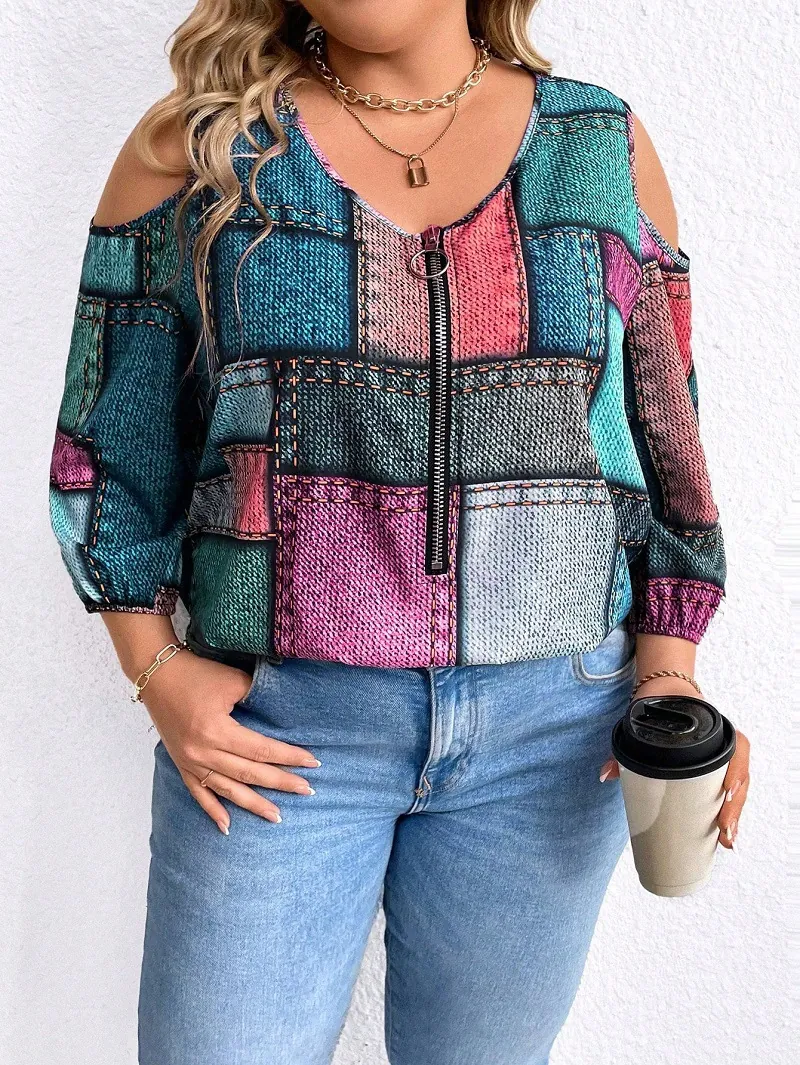 Damen Übergröße Schulterfrei Oberteil Langarm Reißverschluss V-Ausschnitt Karo Patchwork Druck Locker Lässig Polyester T-Shirt Herbst Mode
