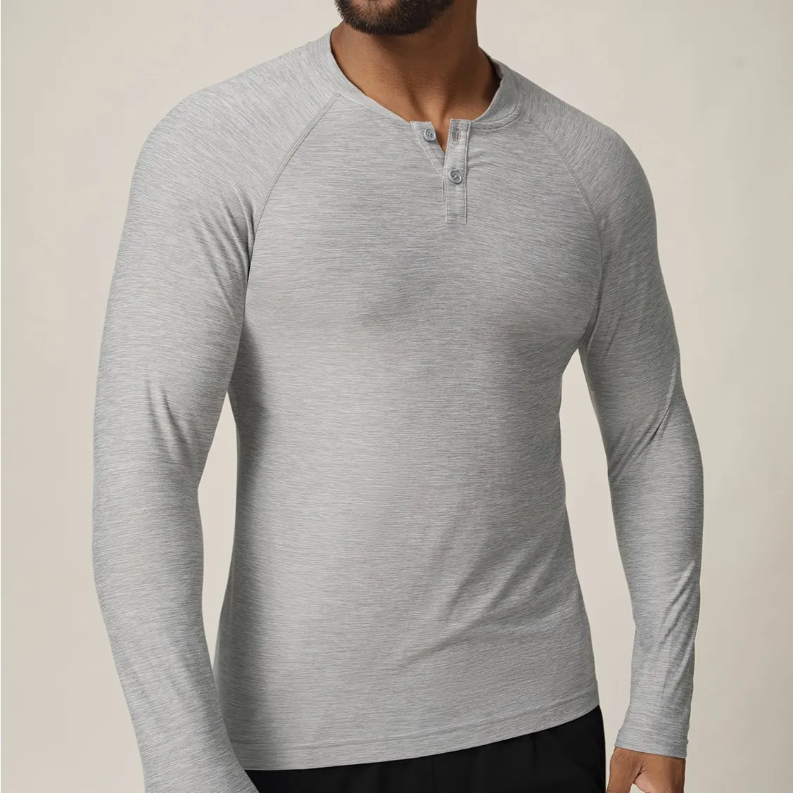 T-Shirt de Sport à Manches Longues pour Hommes Séchage Rapide Col Henley Manches Raglan Haut Chiné Coupe Ajustée Gym Course Fitness Training
