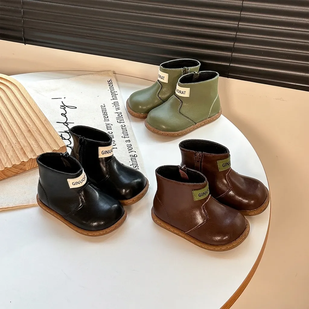 Toddler Kids Walking Boots Soft Sole High Top Side Zipper Microfiber Leather Casual Shoes For Boys Girls Korean Style