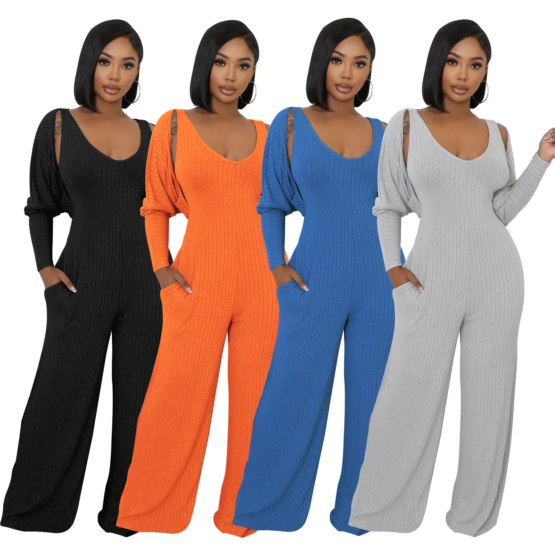 Damen Rippstrick Zweiteiler Jumpsuit Und Shrug Set Langarm Bolero Rückenfrei Weites Bein Lange Hose Streetwear Outfits