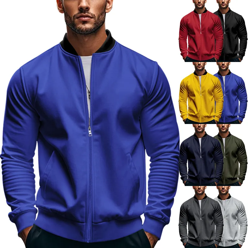 Men American Twill Stand Collar Baseball Jacket Casual Slim Fit Zip Up Outerwear Windproof Solid Color Long Sleeve Top