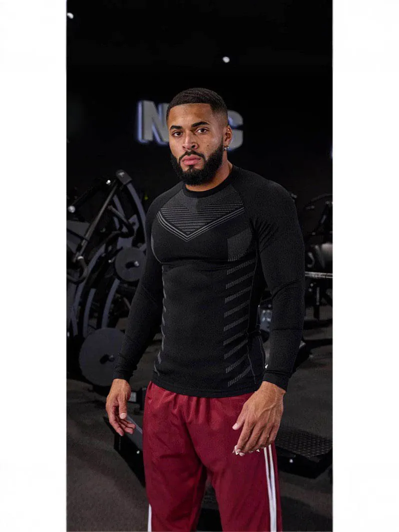 Men Long Sleeve Sport T-Shirt Compression Slim Fit Breathable Geometric Printed Polyester Training Top For Gym Fitness