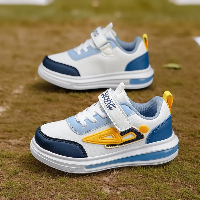 Boys Casual Board Shoes Synthetic Leather Breathable Hook And Loop Wear Resistant Fashionable Sneakers Color Block Kids Shoes
