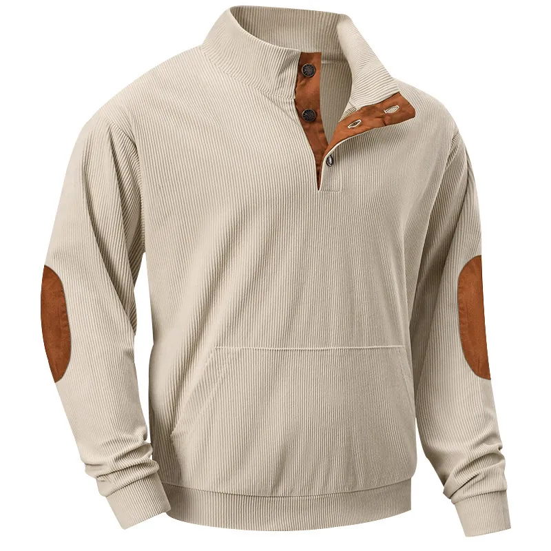 Men's Casual Corduroy Sweatshirt Stand Collar Button Placket Contrast Elbow Patches Long Sleeve Top For Men Autumn