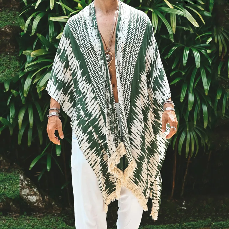 Herren Böhmisch Geometrischer Druck Strandmantel Polyester Quastenbesatz Offene Vorderseite Urlaub Poncho Lässig Lose Robe