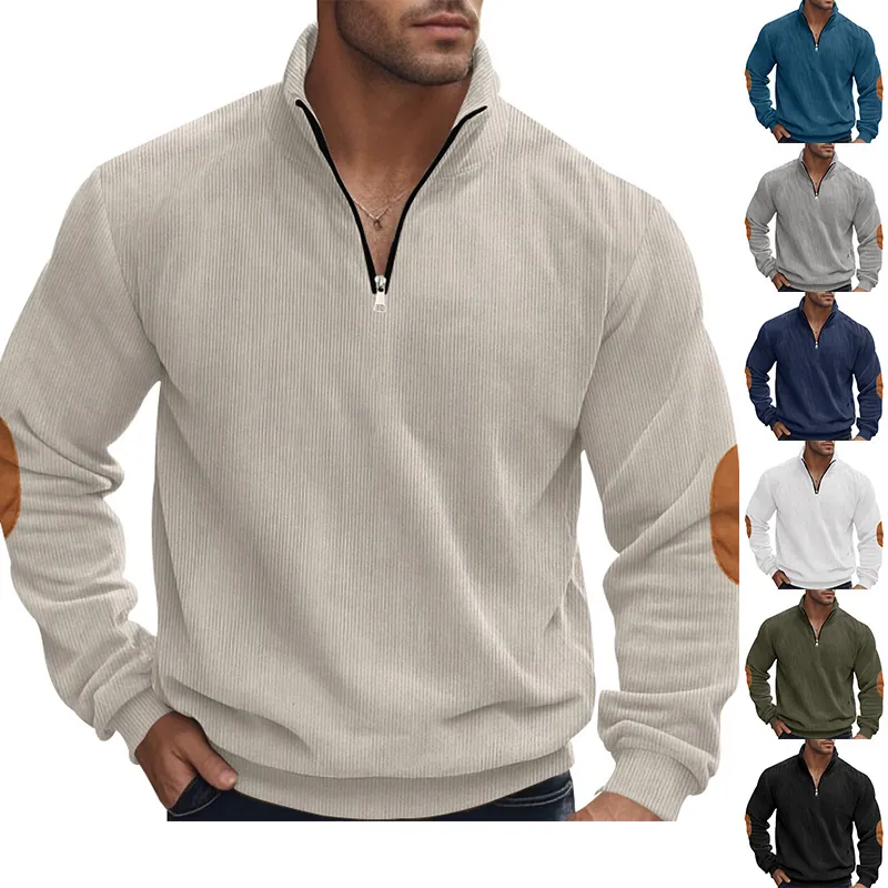 Herren Schwere Cord-Sweatshirt mit Viertelreißverschluss Lässiger Stehkragen Langarm-Pullover mit Ellbogen-Patches Top