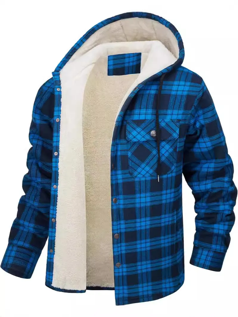 Herren Plaid Jacke mit Kapuze Fleece-gefüttert Winter Warm Flanell Hemdjacke Einreihig Langarm Oberbekleidung Top