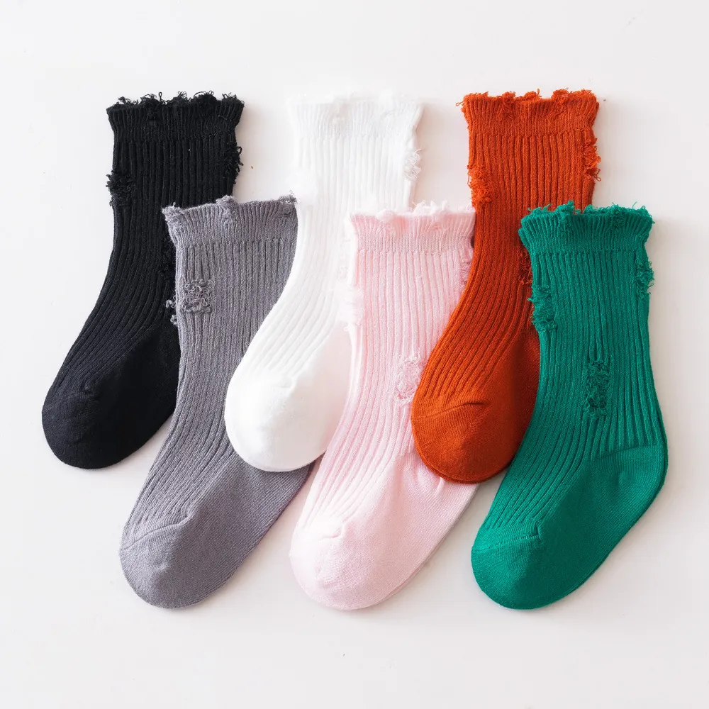 Fashionable Distressed Hole Cotton Kids Socks Solid Color Mid-Calf INS Trendy Double Needle Ribbed Knitted Children Socks