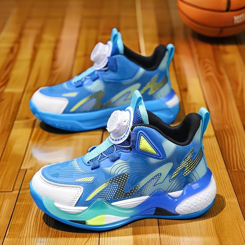 Kinder Basketballschuhe Jungen Mädchen Drehknopf Verschluss High Top Sportschuhe Rutschfest Stoßdämpfung Basketball Sneakers