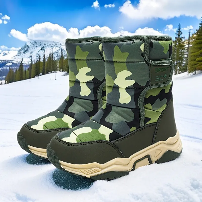 Children Camouflage Snow Boots Winter Warm Fleece Lined High Top Non-Slip Outdoor Shoes For Boys Girls Velcro Closure Boots