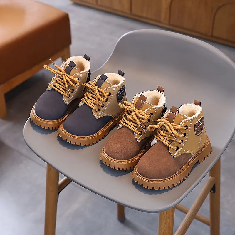 Kids Winter Martin Boots Warm Fleece Lined Synthetic Leather Snow Boots Non-Slip Rubber Sole Outdoor Shoes For Boys Girls