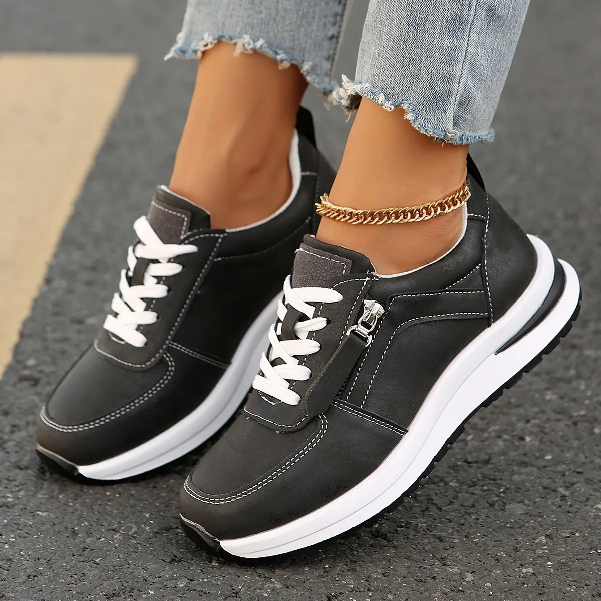 Γυναικεία Casual Sneakers Στρογγυλή Μύτη Χαμηλά Παπούτσια Πλαϊνό Φερμουάρ Επίπεδη Παχιά Σόλα PU Δέρμα Δέσιμο Μπροστά Παπούτσια