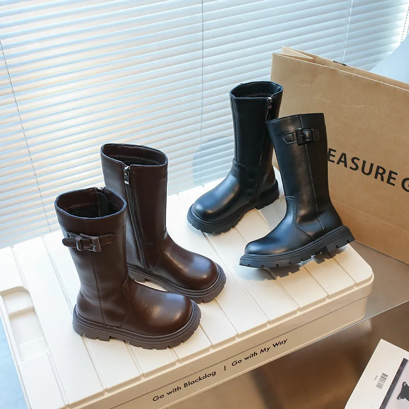 Meisjes Winter Hoge Laarzen Kunstleer Zijritssluiting Gesp Pluche Warm High Top Kinderrijlaarzen Voor School Buiten Zwart Bruin