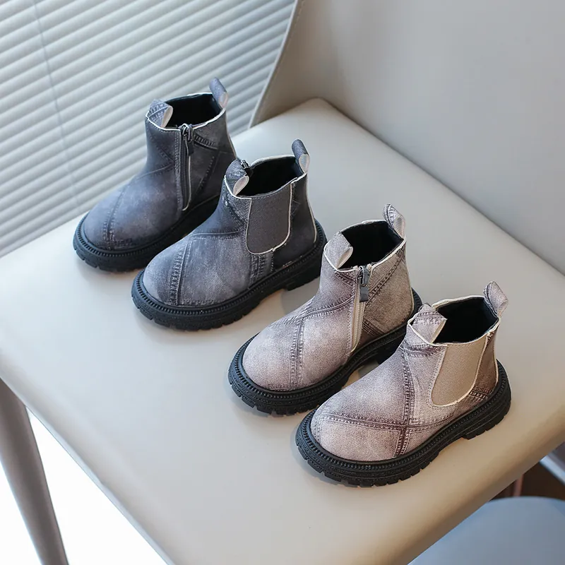 British Style Girls Martin Boots Microfiber Leather Denim Texture Casual Short Boots Autumn Winter Non-slip Side Zipper Kids Footwear