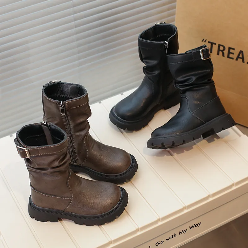Bottes Mi-Mollet Slouch pour Filles Automne Hiver Semelle Épaisse Augmentation de Taille Mode Bottes Martin Simili Cuir pour Enfants