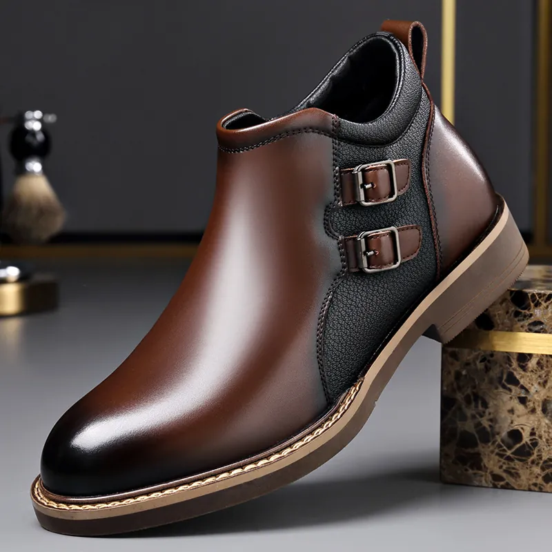 Men's Vintage Martin Boots Winter Warm Fleece Lined Synthetic Leather Ankle Boots With Side Zipper Double Buckle British Casual Shoes
