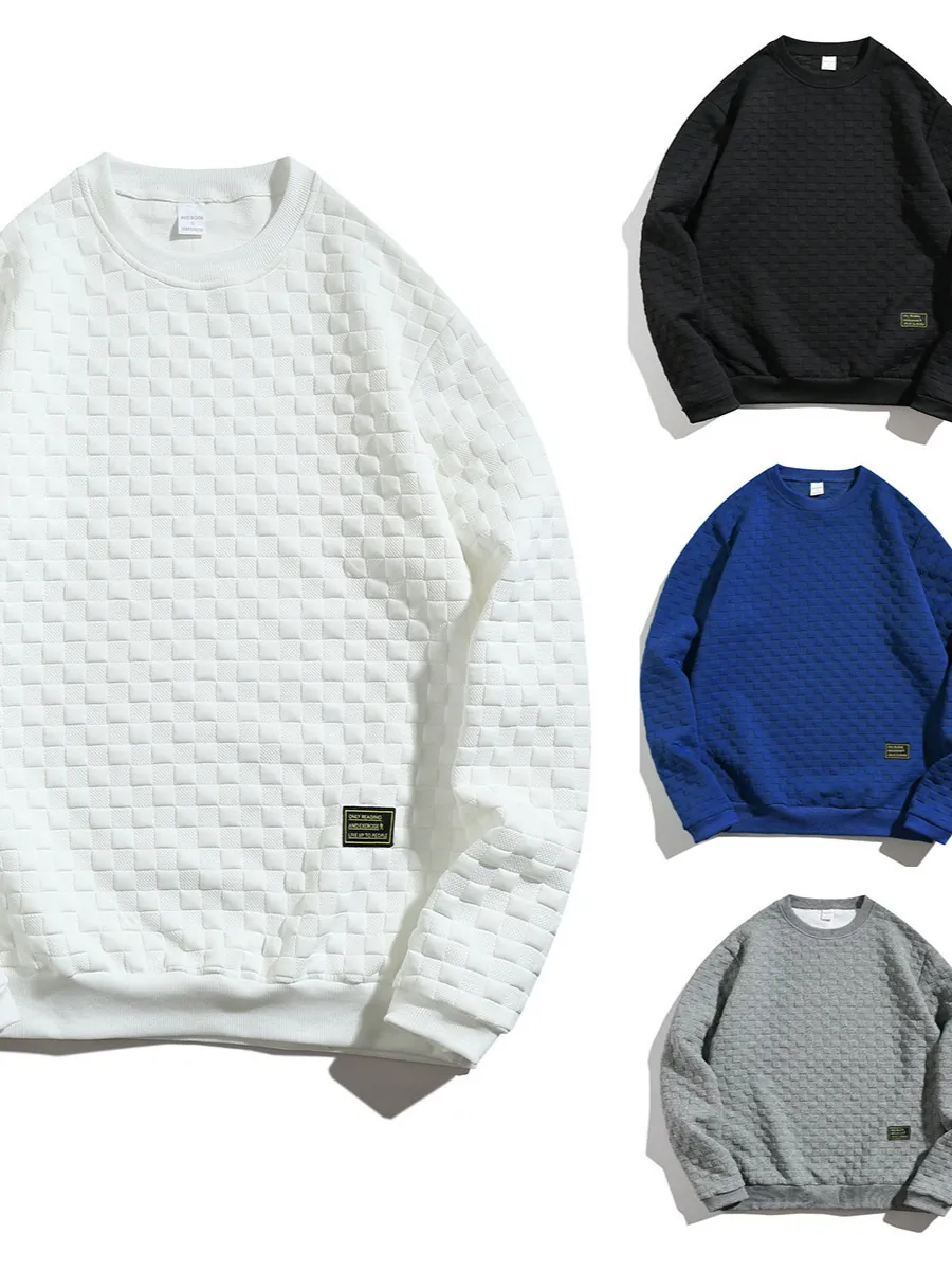 Men's Heavyweight Waffle Knit Sweatshirt Round Neck Long Sleeve Plaid Texture Casual Pullover Top For Fall Winter